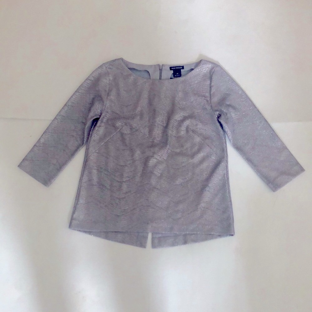 Club Monaco S Top Silver Stretchy zipper back Split hem long sleeve Excellent